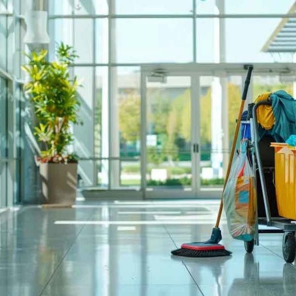 Cleaning cart in the lobby of a commercial office building