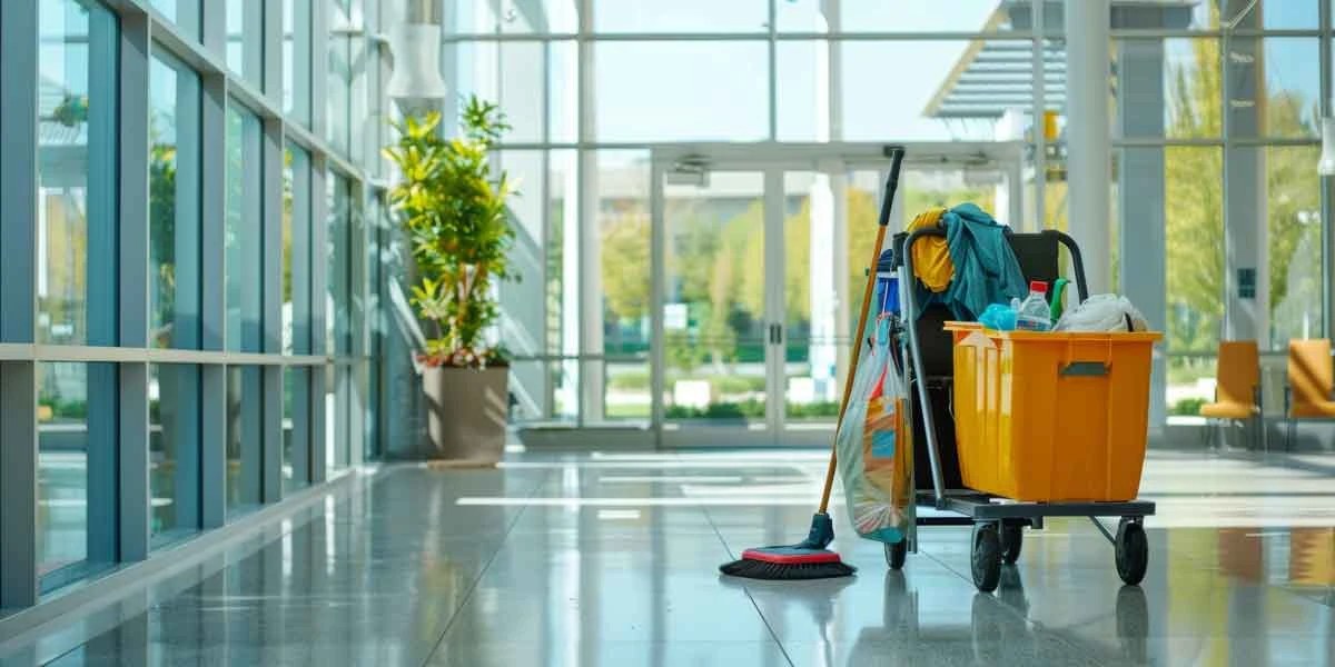 Cleaning cart in the lobby of a commercial office building