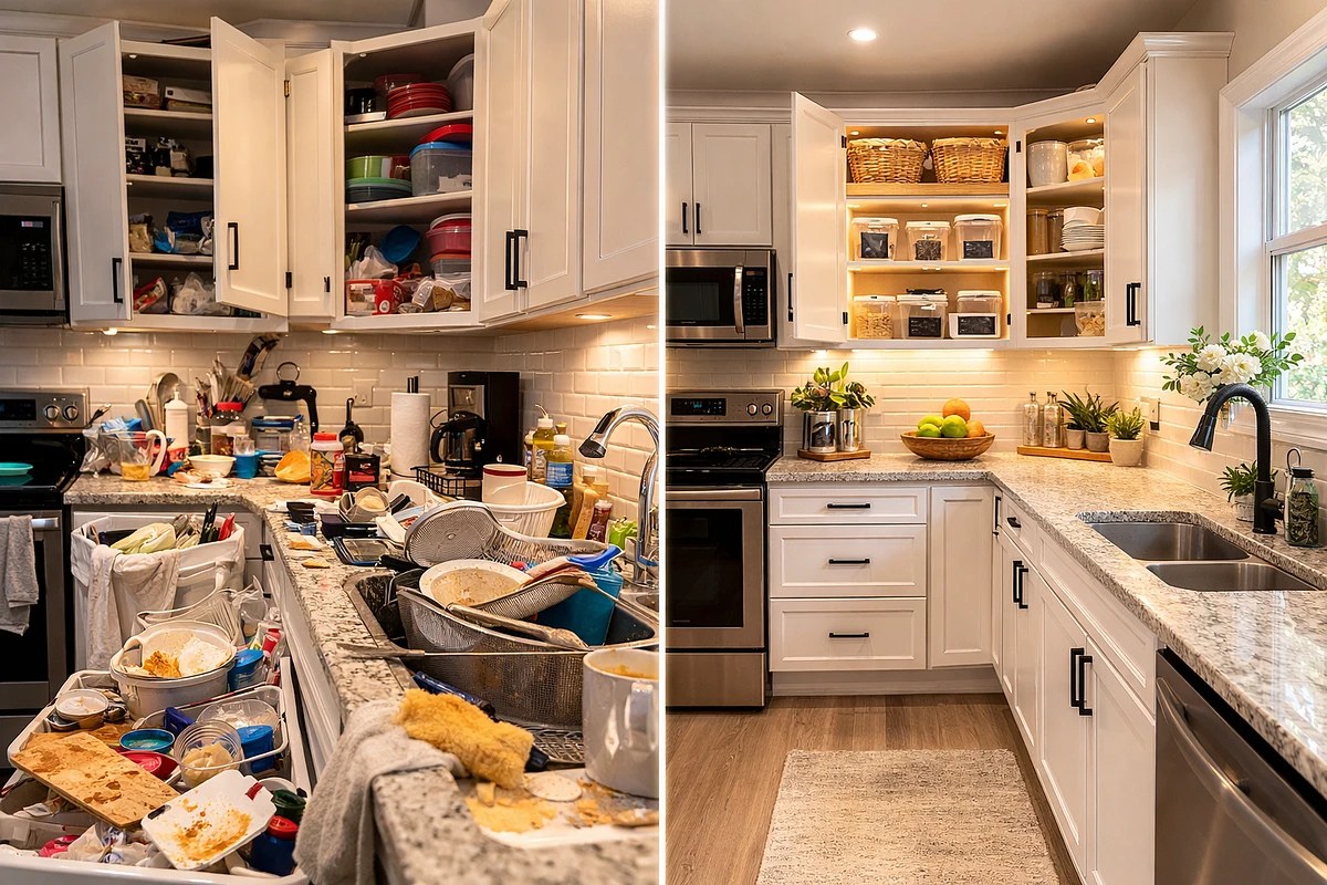 Before and after of a kitchen transformed by a deep cleaning